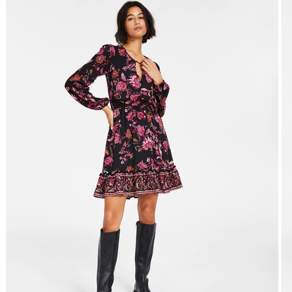 INC International Concepts Black floral Mini Dress; Size Large